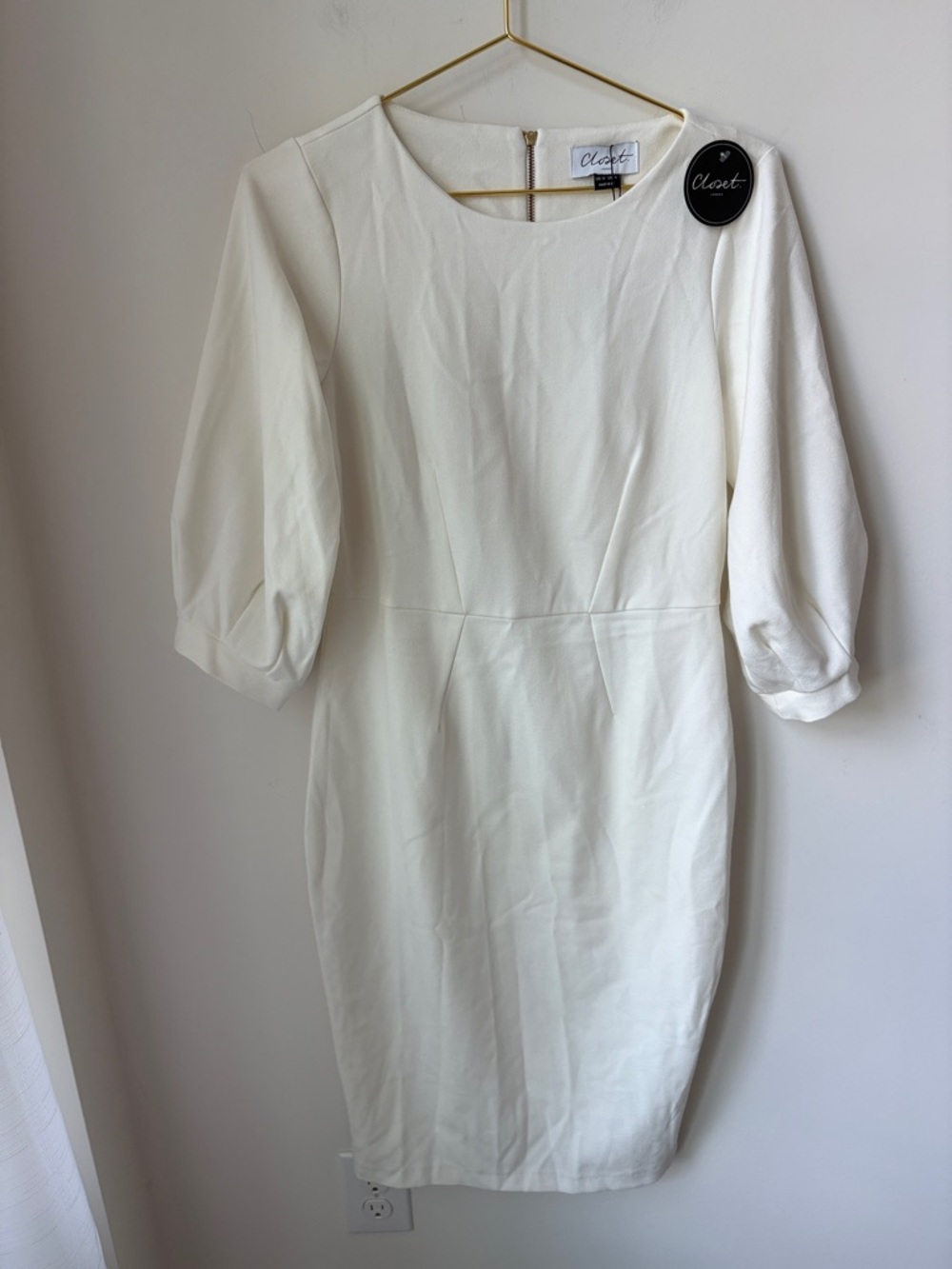 NWT Closet London Pleated Sleeve Pencil Dress In Ivory Zip Back Cocktail Size 8
